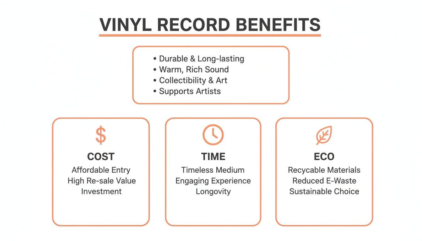 An infographic detailing the benefits of vinyl records, covering aspects like sound, cost, time, and eco-friendliness.