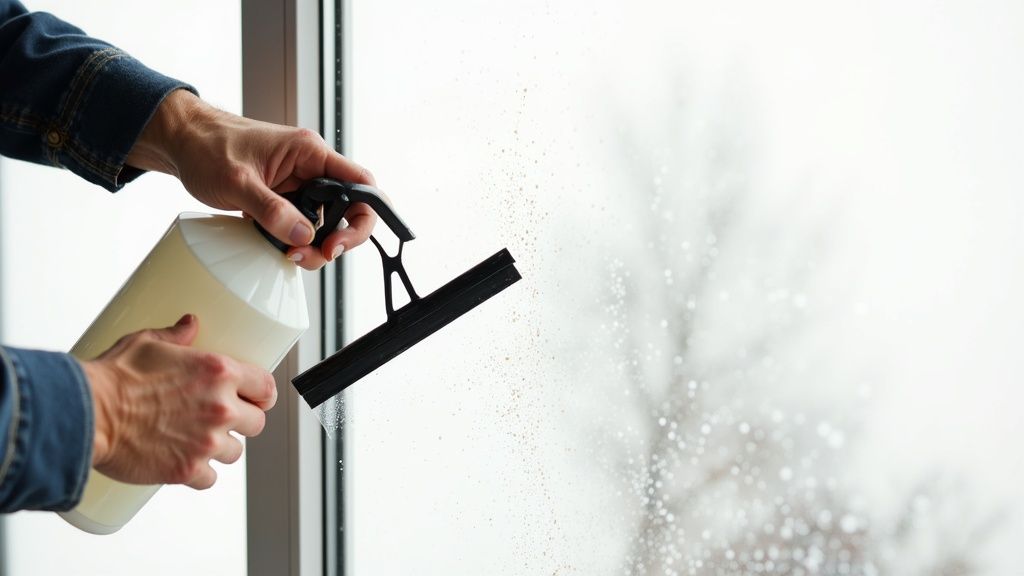 A person gently cleaning a window with a microfiber cloth.