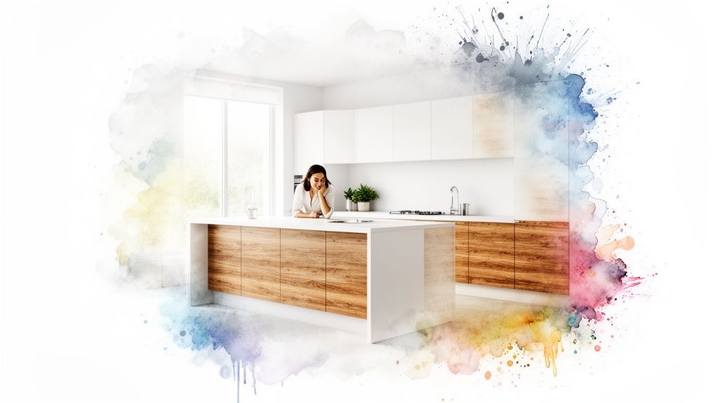 A woman smiles in a modern kitchen with wooden cabinets, framed by a colorful watercolor splash.