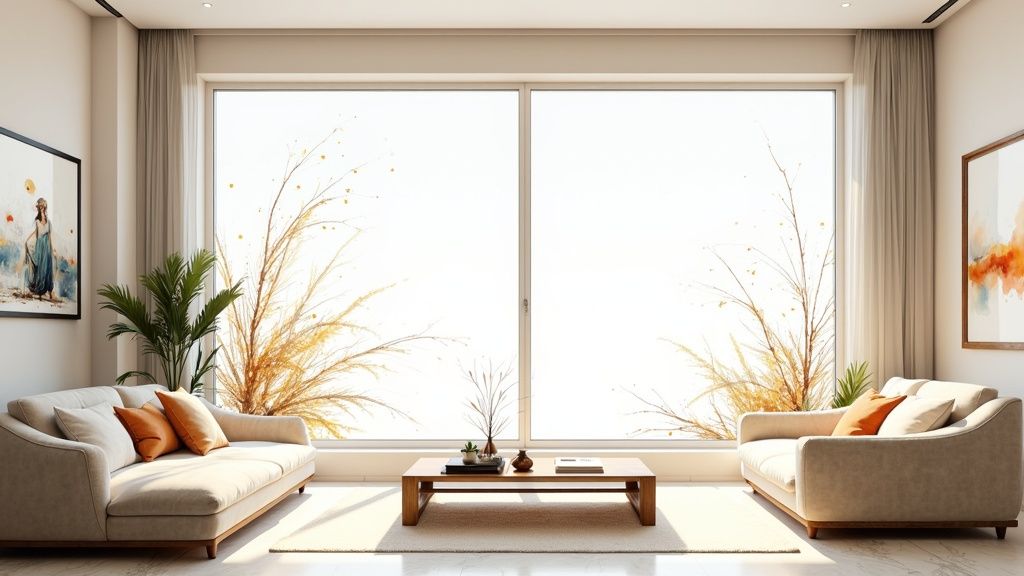 A bright and inviting living room with two beige sofas, a coffee table, and a large window.