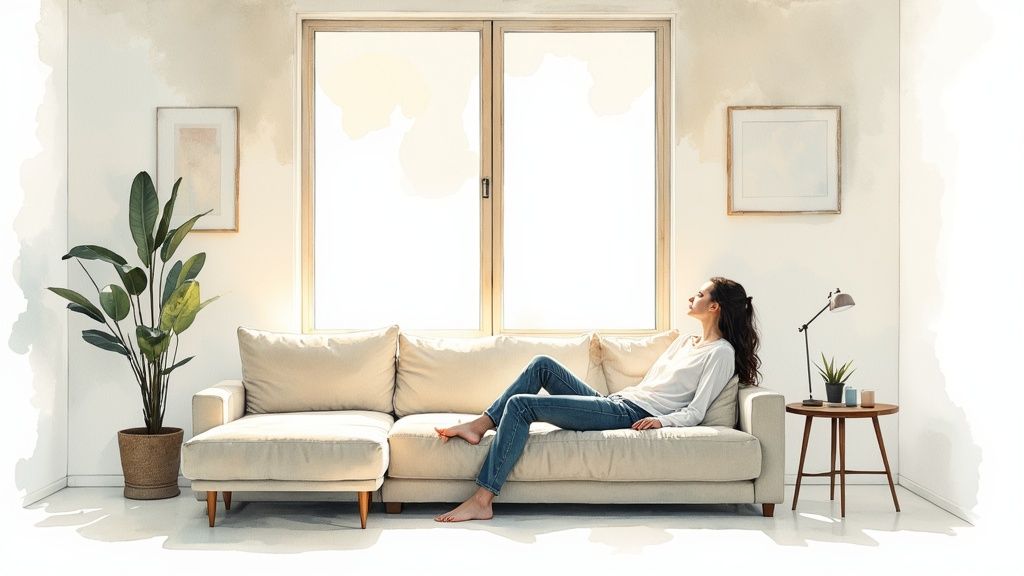 A woman relaxing on a sofa in a bright, minimalist living room with a large window.