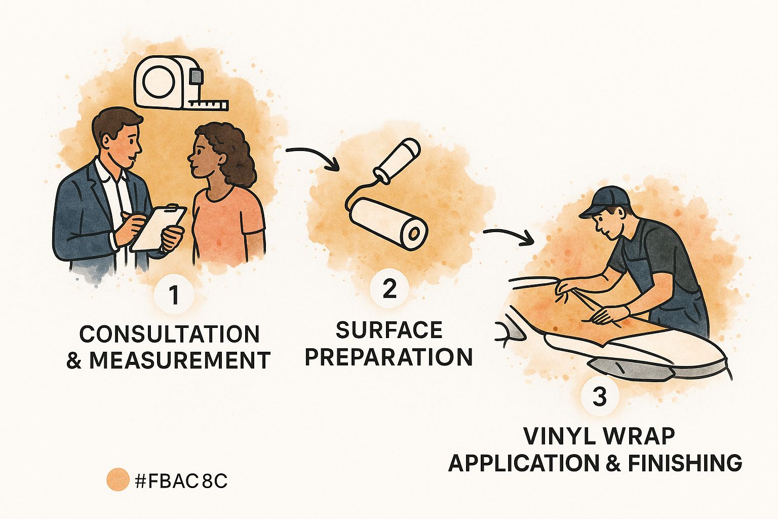 An infographic showing the three-step process of vinyl wrap installation: consultation, surface preparation, and application.