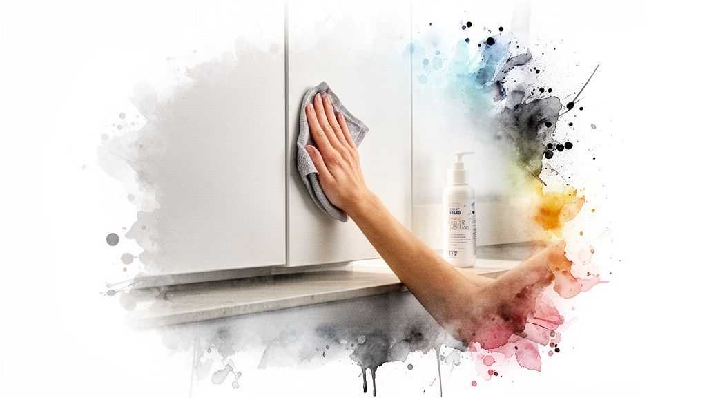 A hand cleans a white vinyl cupboard with a grey cloth, alongside a cleaning product bottle.