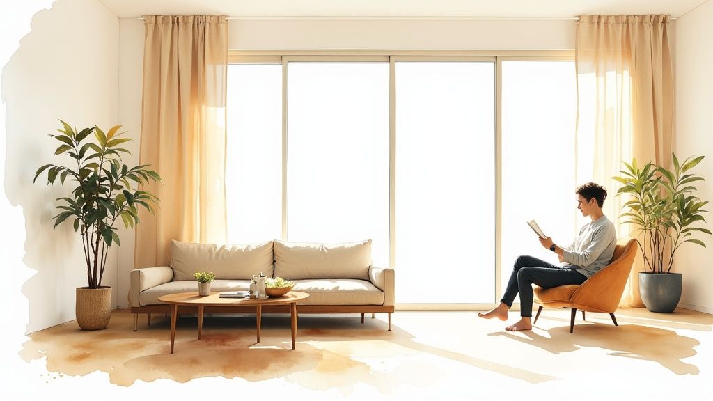A person reads in a modern living room with a large window, sofa, plants, and natural light.