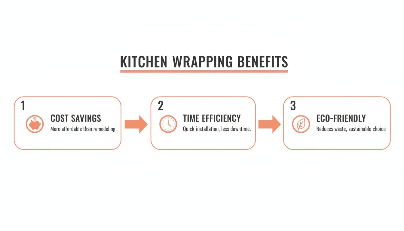Infographic detailing kitchen wrapping benefits: cost savings, time efficiency, and eco-friendliness with icons.