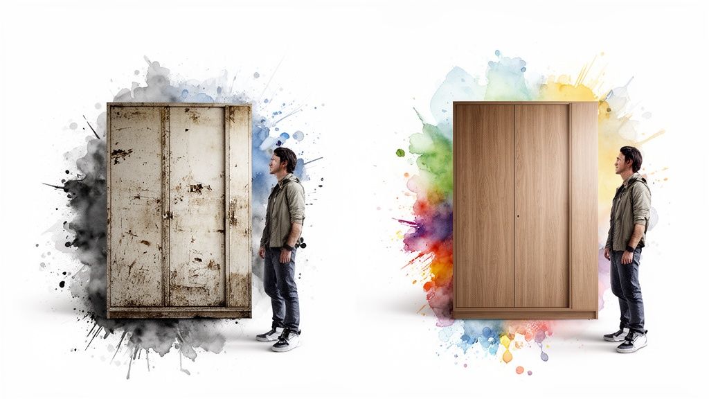 A man stands between a rusty old wardrobe and a new wooden wardrobe, surrounded by contrasting watercolor splashes.