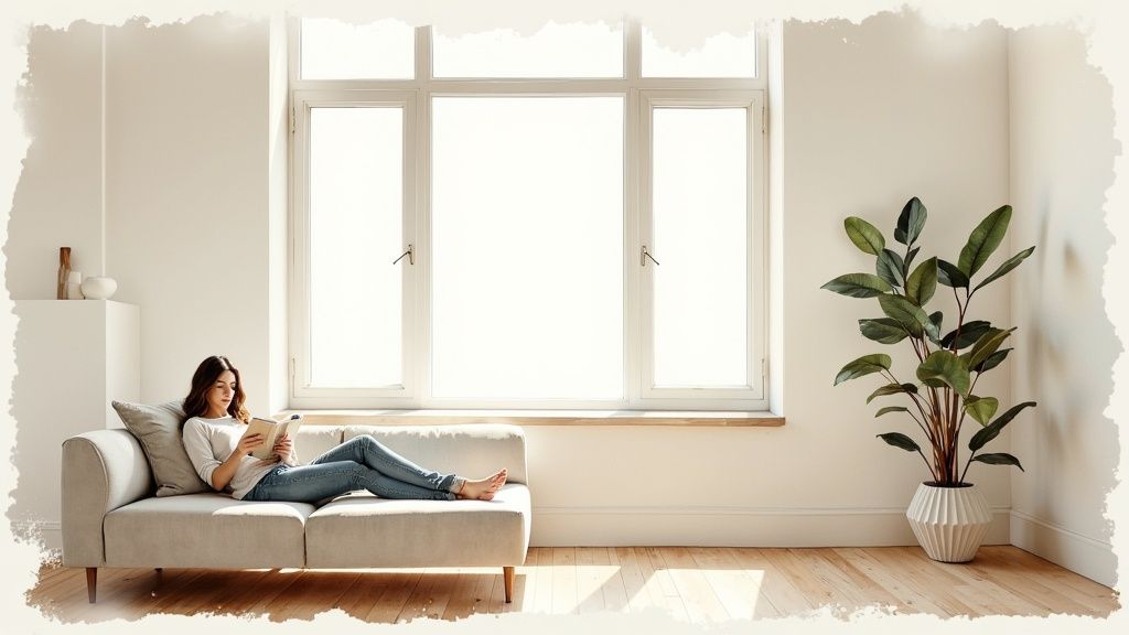 Woman relaxing on beige sofa reading book near large bright window in minimalist living room