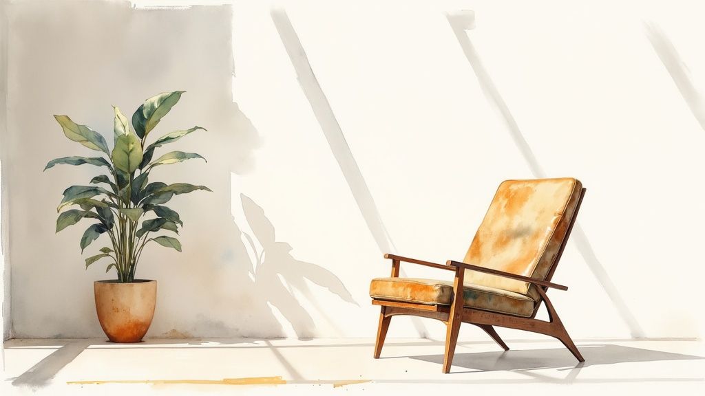 A watercolor painting of a green potted plant in a pot next to a mid-century armchair with sunlight and shadows.
