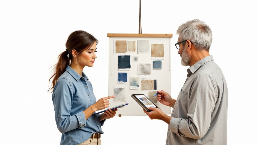 Two designers discuss color swatches and a mood board, using tablets against a white background.