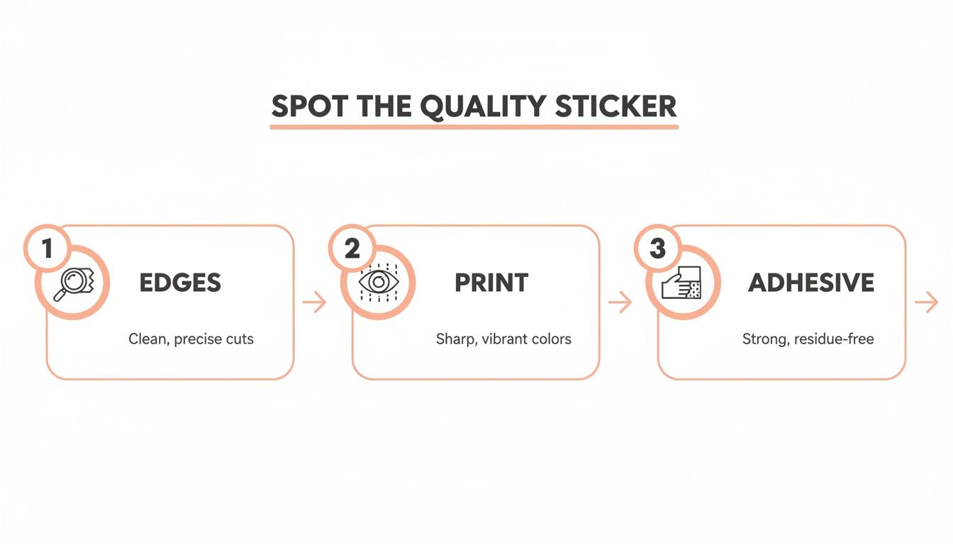 Infographic detailing three key factors for quality stickers: clean edges, vibrant print, and strong adhesive.