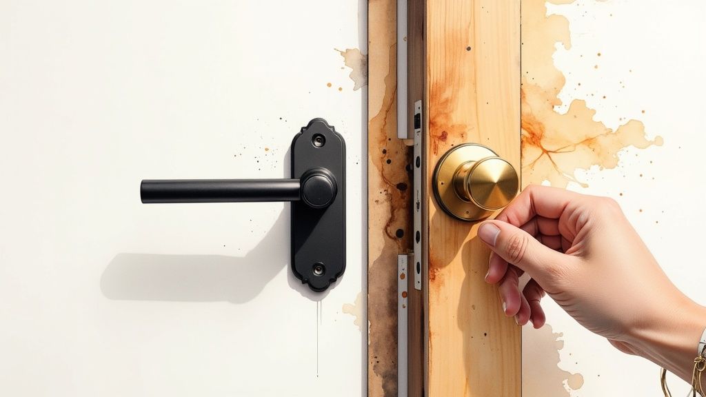 A stylish door handle on a modern interior door, showcasing a sleek finish.