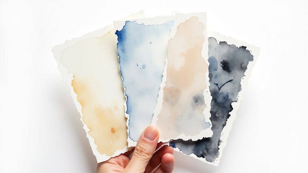Hand holding multiple watercolor swatches with torn edges against a white background.