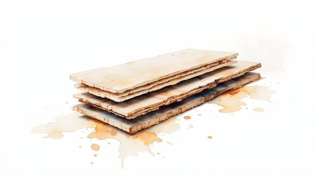 Stack of damaged water-stained laminate flooring planks showing layers and deterioration on white background