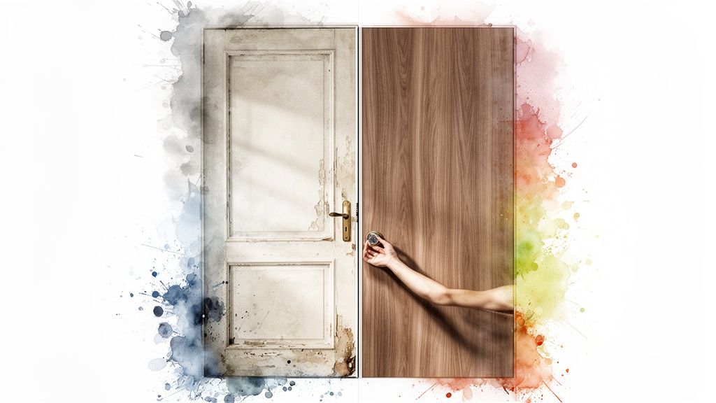 Split image showing an old, worn door contrasted with a new wooden door being opened by a hand, surrounded by watercolor splashes.