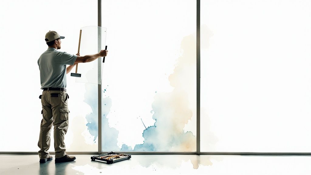 Professional installing window tint or decorative film onto a large commercial window.