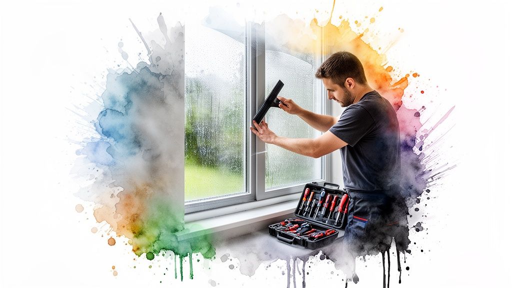 A man applies window film with a squeegee tool, with a toolbox full of tools on the windowsill.