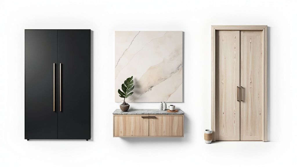A modern living room featuring a media unit wrapped in a luxurious marble finish, creating a high-end statement piece.