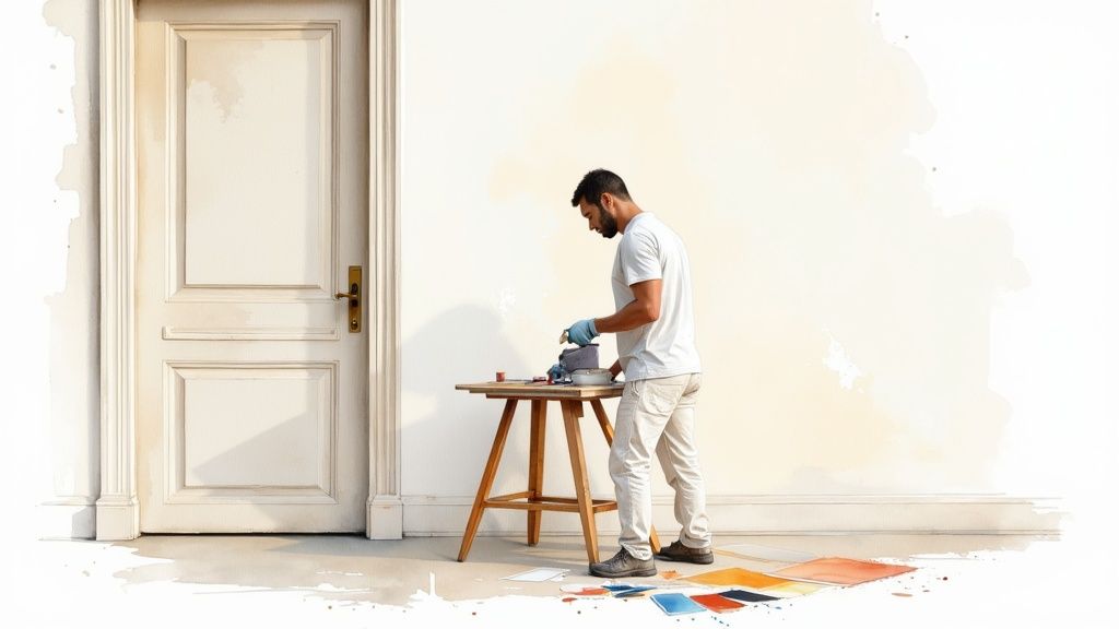 A painter carefully applies a fresh coat of white paint to a wall, highlighting the precision and classic appeal of professional home painting services.