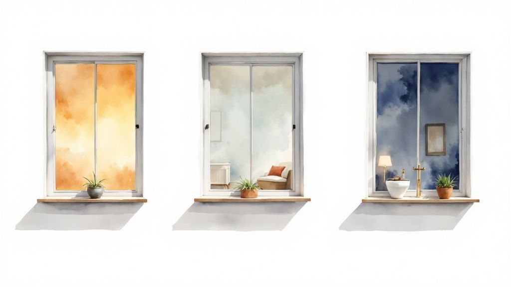 Three framed windows displaying diverse skies and interior reflections, each with a plant.