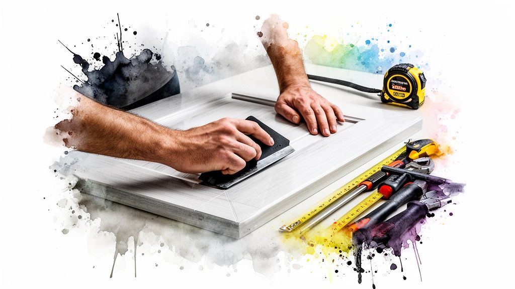 Hands applying a finish to a kitchen cabinet door with tools and colorful paint splashes.