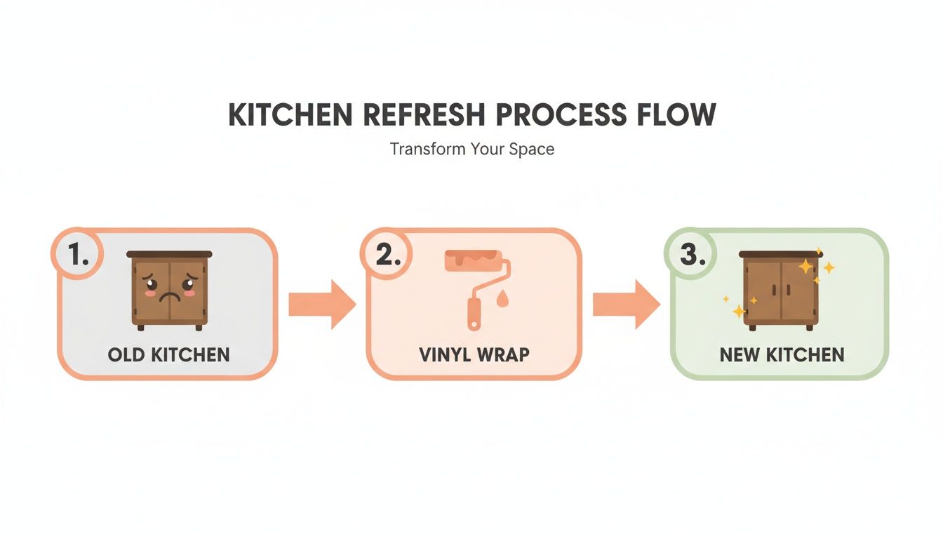 A flow chart illustrating the kitchen refresh process: transforming an old kitchen to new using vinyl wrap.