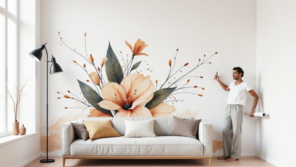 A man applies a large floral wallpaper mural to a white wall above a sofa in a modern living room.