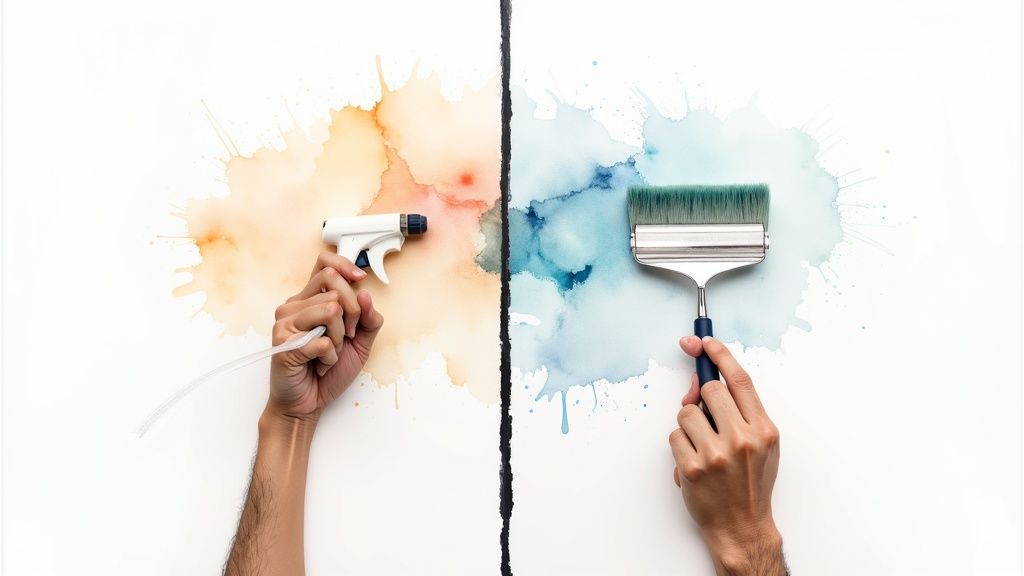 Hands use a spray bottle for orange splatters and a brush for blue watercolor on a divided canvas.
