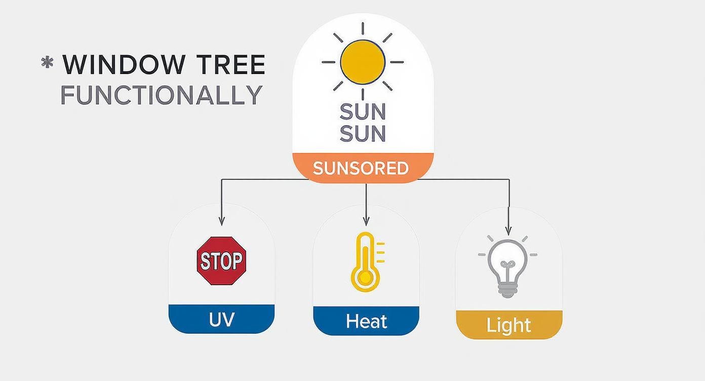 A functional tree diagram illustrating how a window system manages sun UV, heat, and light.