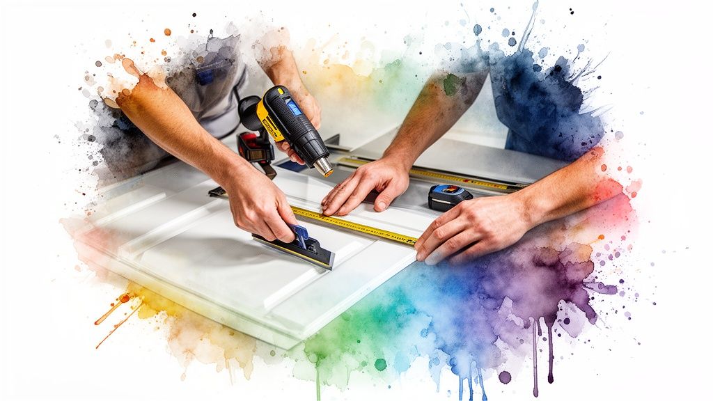 Two people carefully measuring and applying material to a white panel with tools, framed by watercolors.