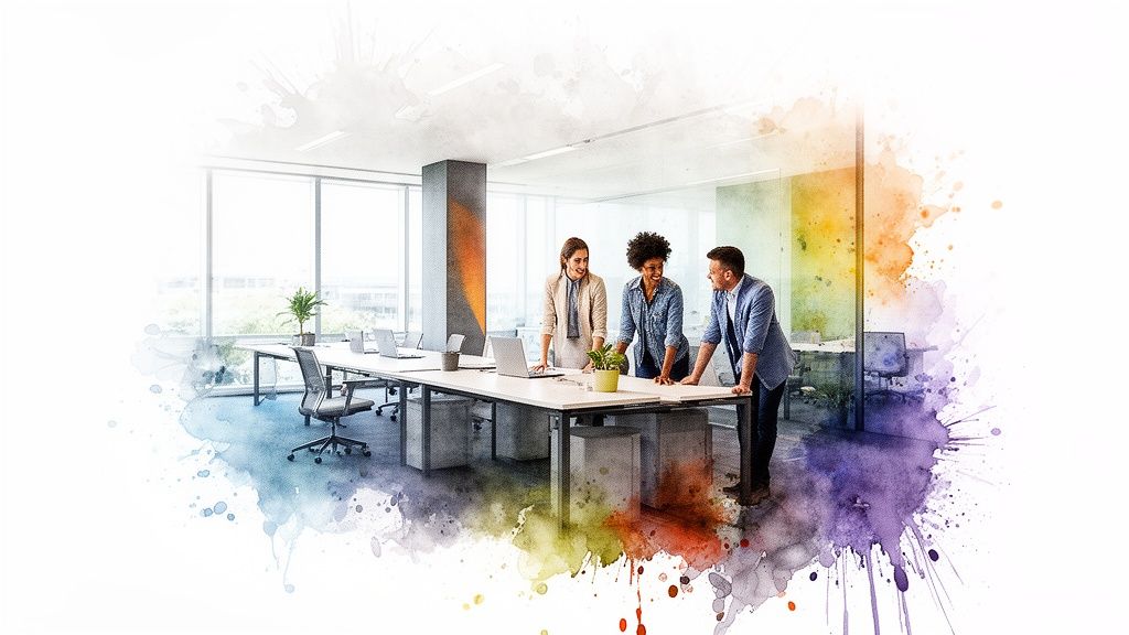 Diverse colleagues collaborating in a modern office with laptops and plants, surrounded by a colourful watercolour effect.