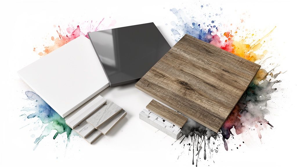 Various material samples including wood, white and grey panels, and decorative tiles, on a colorful splash background.