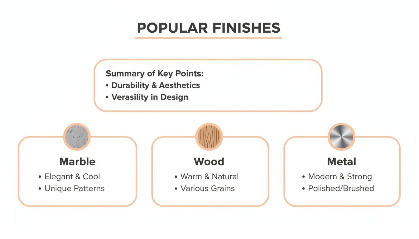 Infographic detailing popular material finishes: Marble, Wood, and Metal, with their key characteristics.
