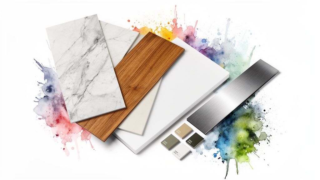 Assortment of kitchen material samples like marble, wood, white, and brushed metal with color swatches.