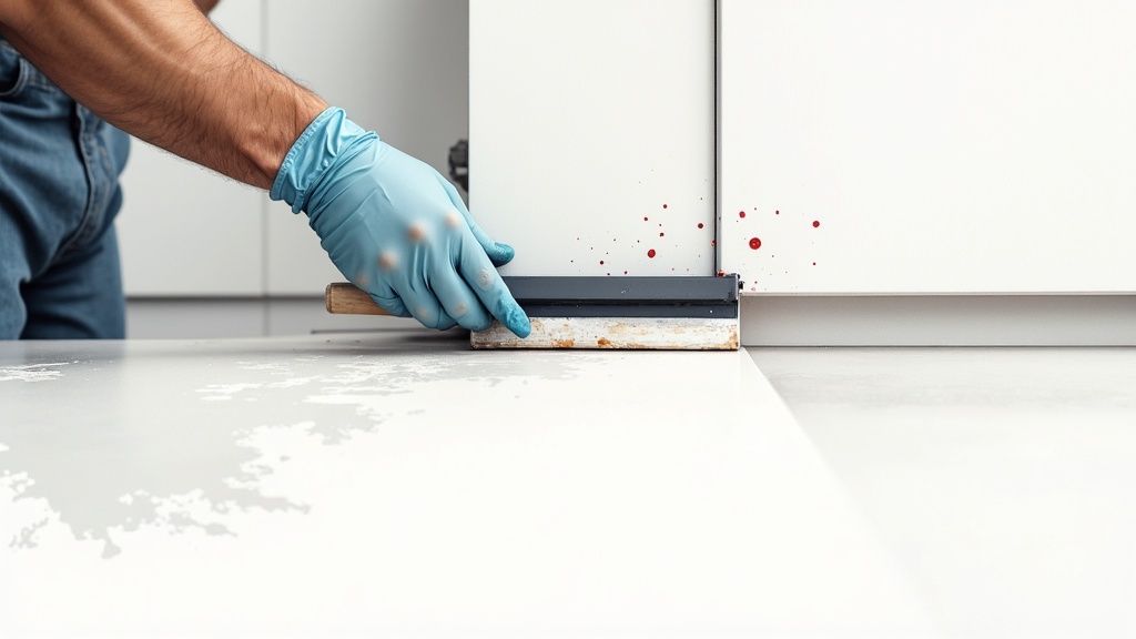 A professional installer meticulously applying a wrap to a kitchen cabinet door in a modern Dubai apartment.