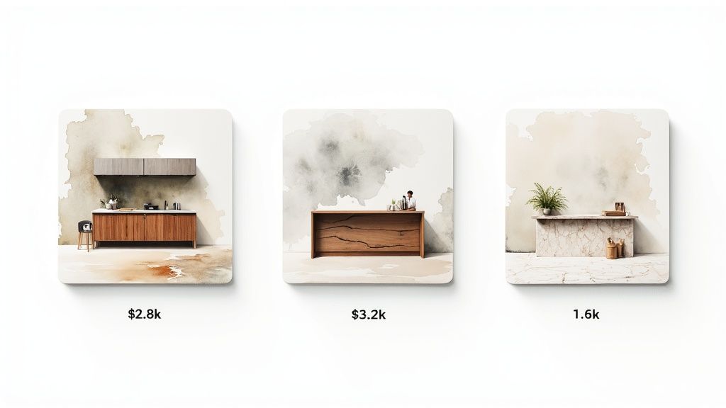 Three stylized vignettes display different kitchen or bar counter designs with their prices.
