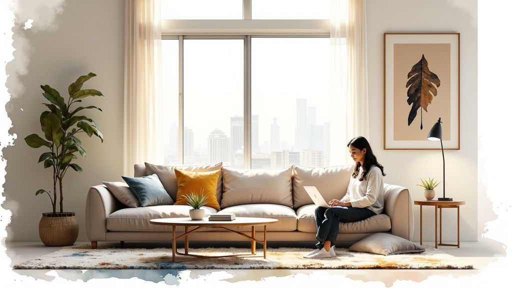 Young woman working on a laptop in a bright living room with a city view through a large window.