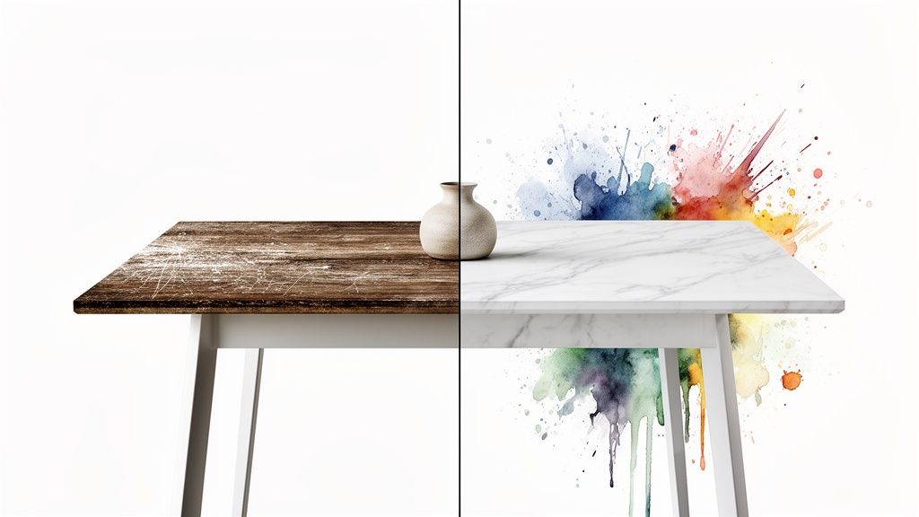 Contrasting image of distressed wood and white marble table surfaces with a vase and vibrant paint.