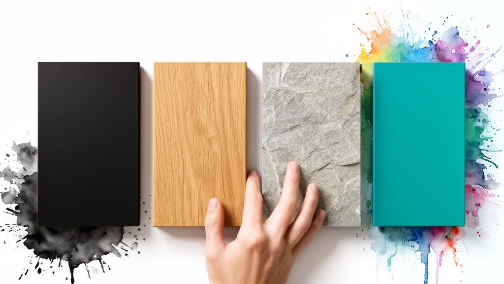 A hand touches material samples: black, wood, grey stone, and teal, with ink splashes.