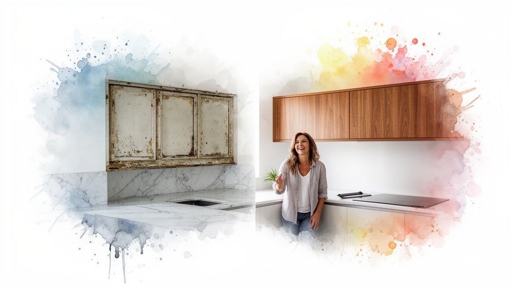A split image contrasting an old rustic kitchen with a new, modern kitchen featuring wooden cabinets and a smiling woman.
