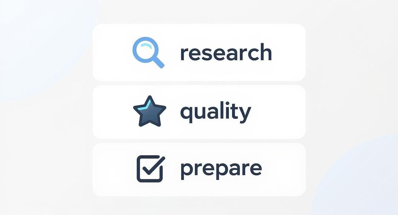 Three white cards on a light background, each with an icon and text: research, quality, prepare.