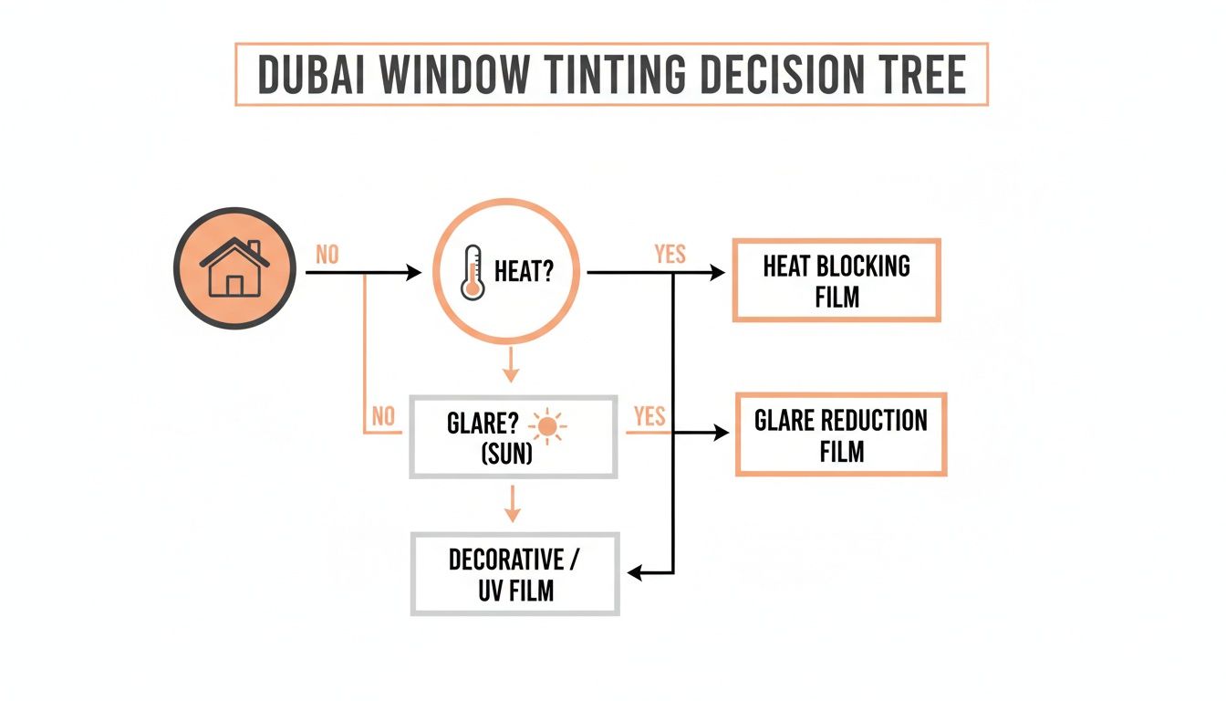 Decision tree for Dubai window tinting, guiding users to heat blocking, glare reduction, or decorative/UV films.