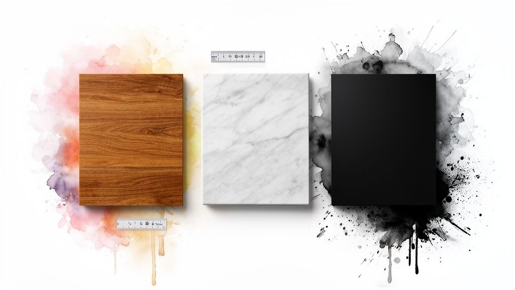 Three material samples: wood, white marble, and black, against colorful and black watercolor splashes with rulers.
