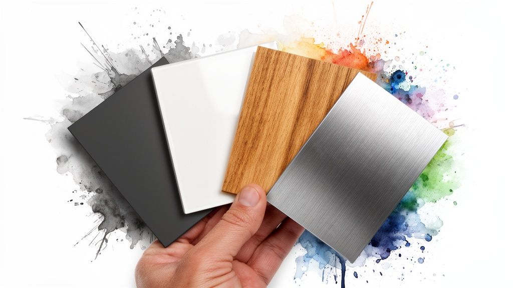 A hand presents four material samples: dark gray, white, wood, and brushed metal, over watercolor splashes.