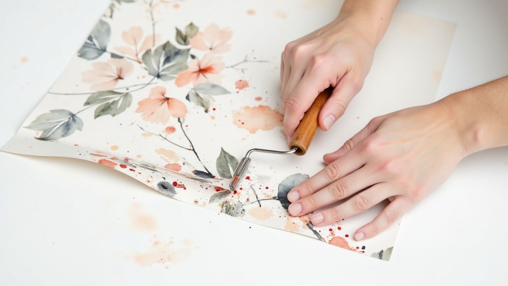 A detailed shot of a perfectly aligned wallpaper pattern showing an invisible seam.