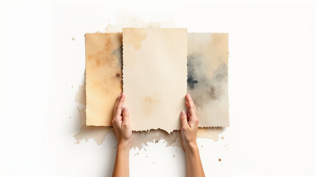 Two hands hold a vintage, textured paper with deckled edges and watercolor stains on a white background.