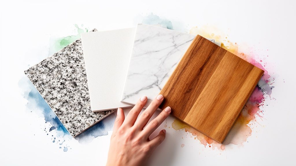 A hand touches four samples: granite, white, marble, and wood, on a watercolor background.