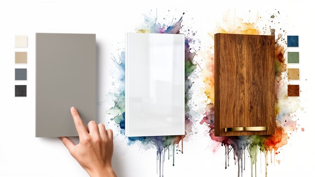 Three kitchen cabinet door samples: matte grey, glossy white, and wood grain, with color swatches.