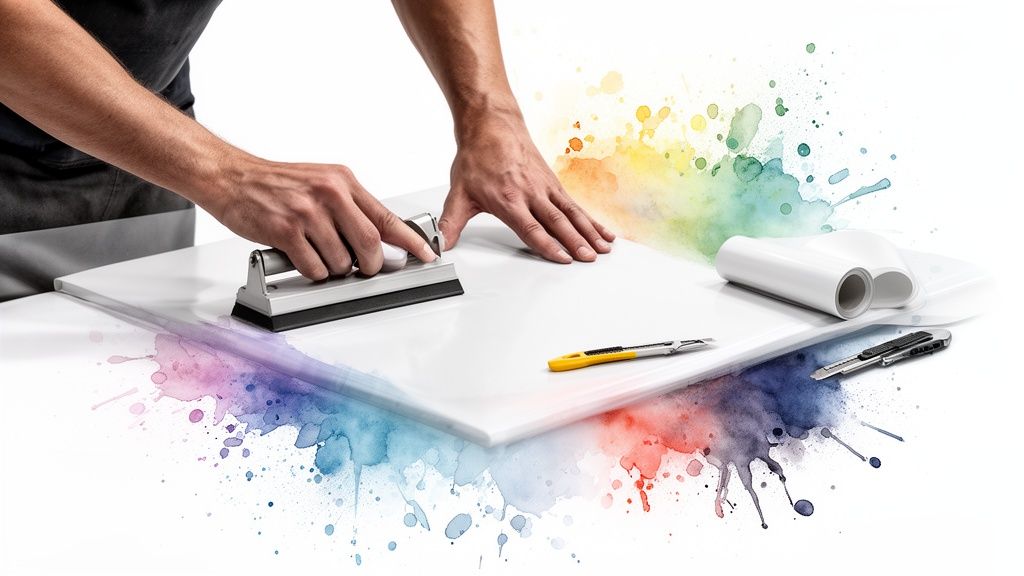 Close-up of hands applying white vinyl film to a surface with a squeegee, surrounded by colorful splatters.