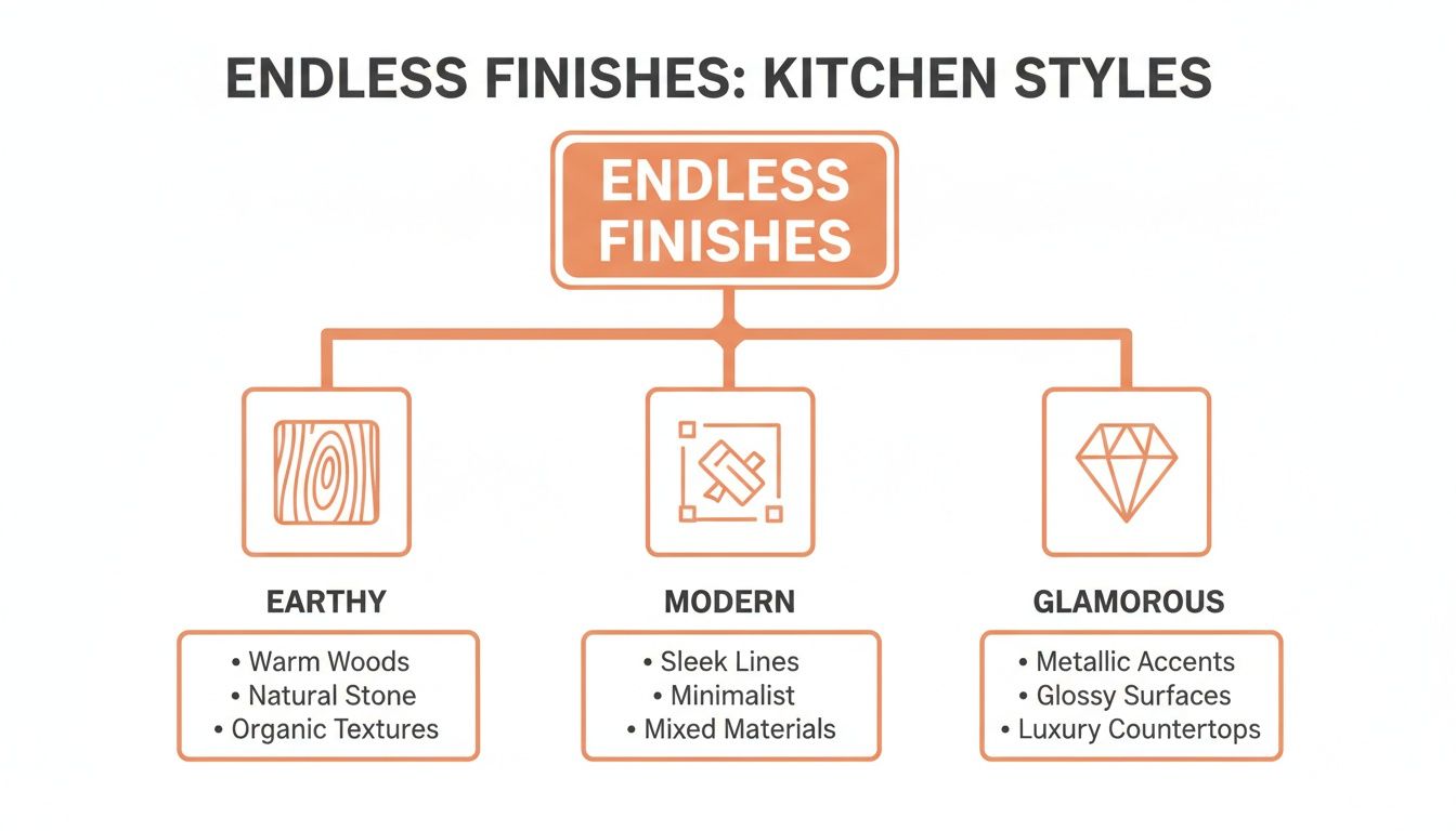 A diagram outlining endless kitchen styles: Earthy, Modern, and Glamorous, with associated finishes.