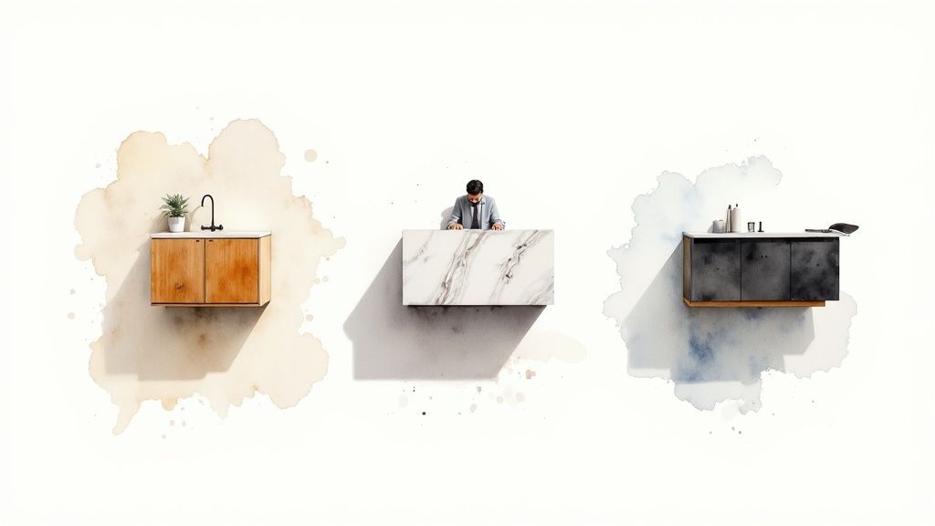 Three minimalist counter designs with watercolor backgrounds: wood cabinet, marble desk with man, and dark cabinet.